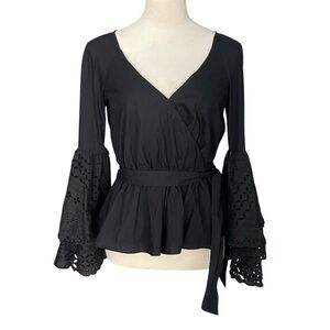 Rebecca Minkoff Melly Eyelet Bell Sleeve Wrap Top Black NWOT Boho Victorian XXS